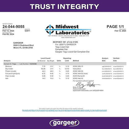 3oz Tegu Lizard Food. Complete Gel Diet for Both Juveniles and Adults. Proudly Made in The USA, Using Premium Ingredients, Fortified Gourmet Formula. Enjoy!