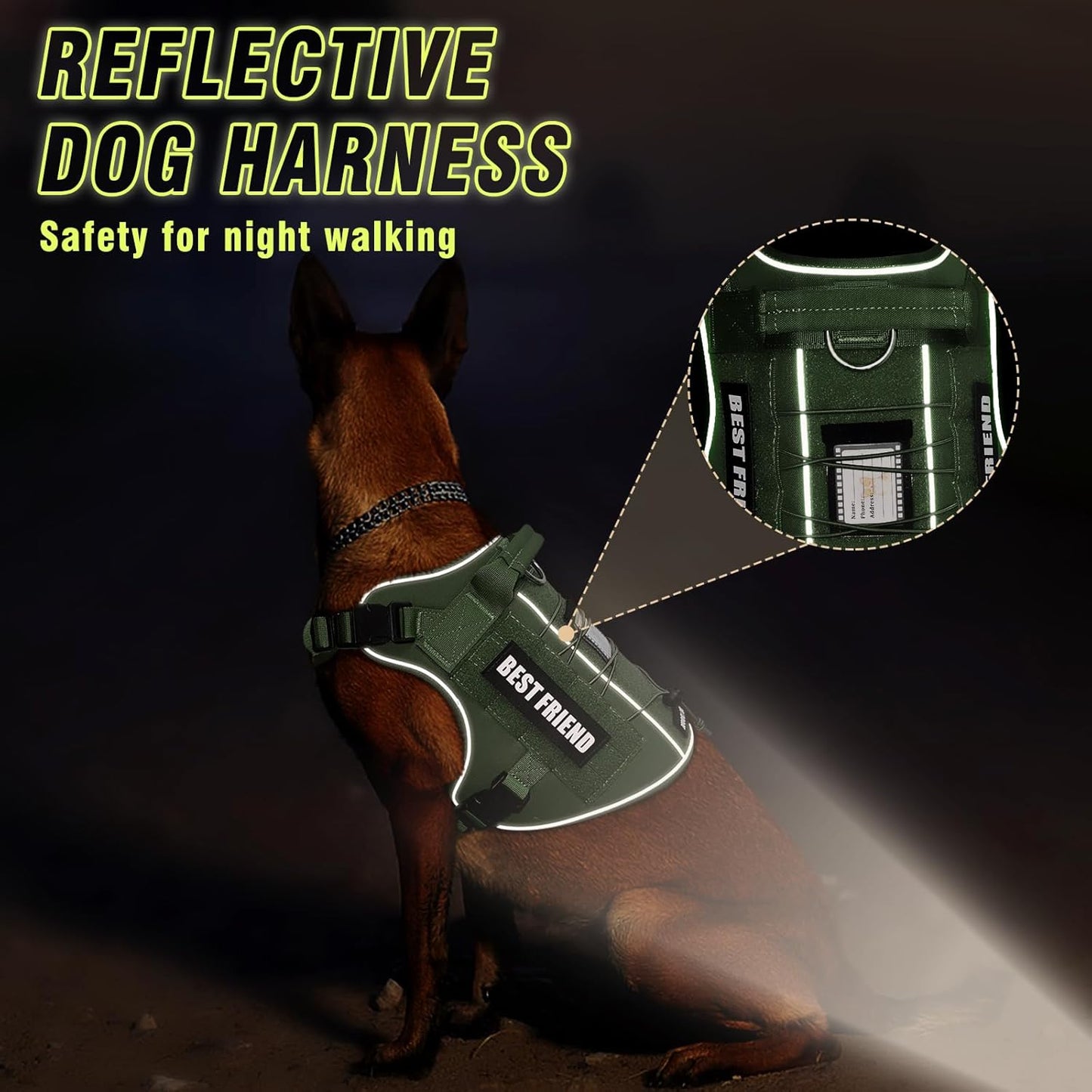 Tactical Dog Harness for Large Dogs,No Pull Military Dog Vest with Handle,Reflective Heavy Duty Pet Harness for K9 Working Walking Hiking Training Green XL