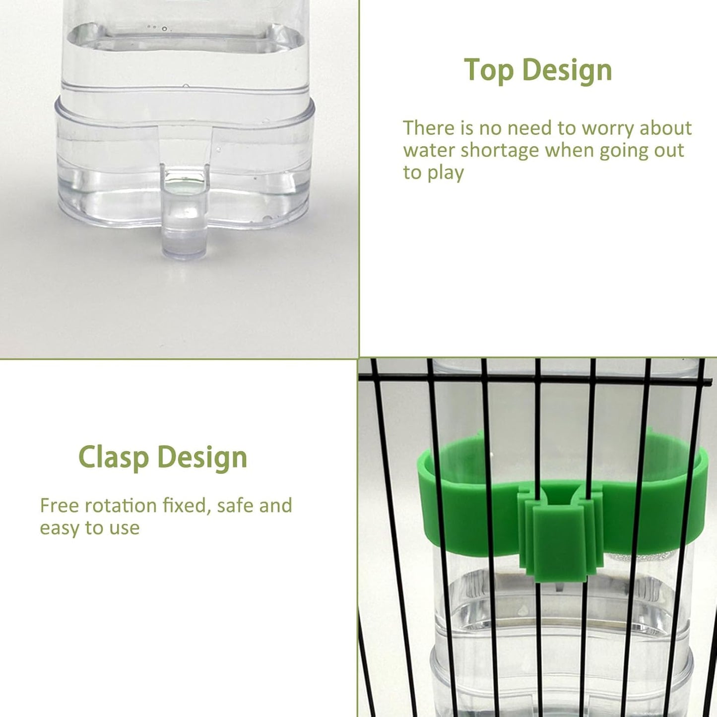 No Mess Bird Feeder Water Dispenser Set, Automatic Parrot Feeder for Cage Transparent Acrylic Food Container Drinker Cage Accessories Parakeet Cockatiel Lovebird Finch (Green)