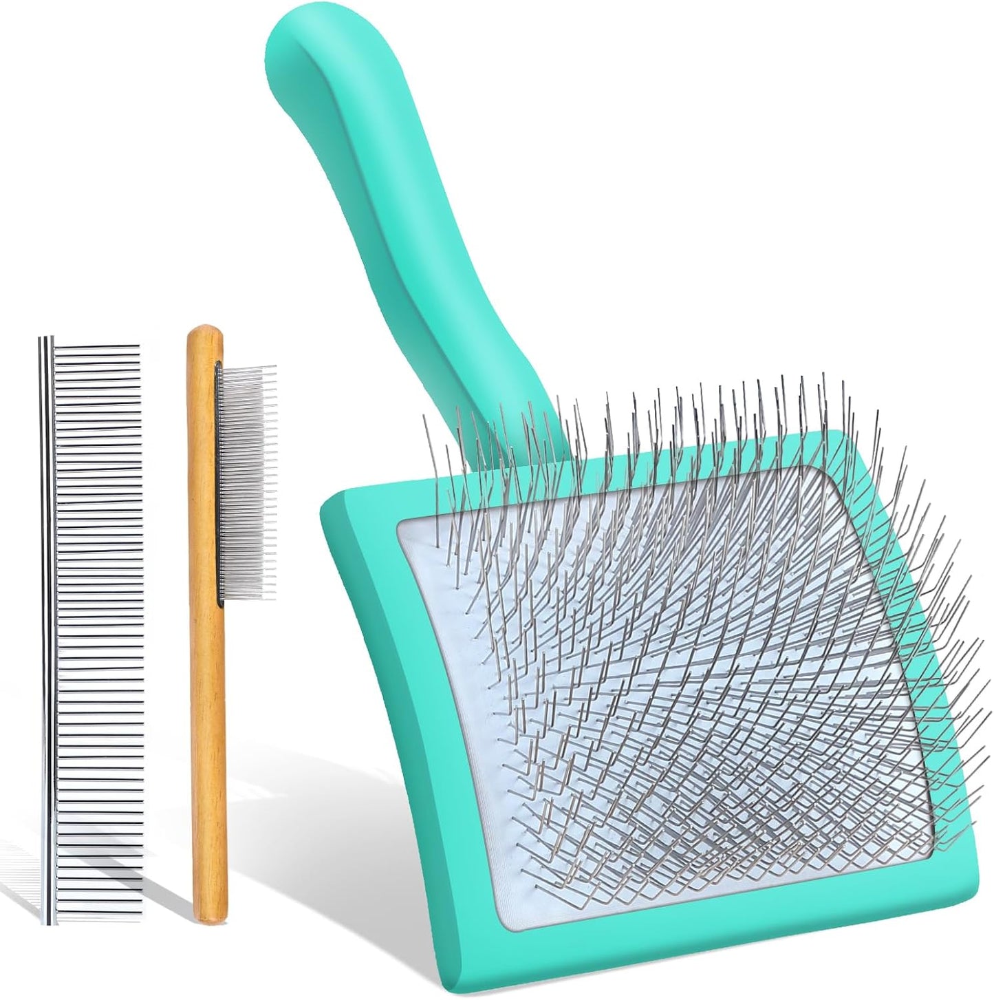 Dog Slicker Brush for Medium or Long Haired Dogs, Long Pin Slicker Brush for Removes Loose Hair, Tangles and Knots, Best Grooming Tools for Small Animals, Large, Free Pet Comb, Green