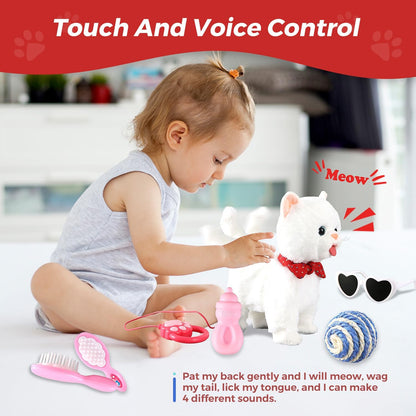White Leash Walking Cat Set Toy Interactive Talking Cat Singing Dancing Kitten Mimicking Repeat What You Say Kitty Touch and Voice Control Nodding Wagging Tail Plush Electric Robot for Kid Girl