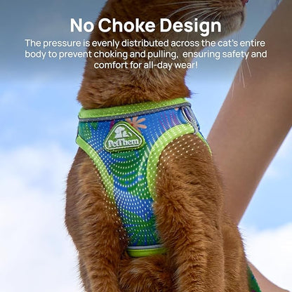 Cat Harness and Leash Set, Step-in Escape Proof Adjustable Vest Harness for Small Medium Large Cats, Lightweight Soft Breathable Reflective Kitten Harness for Walking Travel, Camping(Hawaii Green, S)