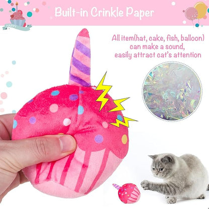 BINGPET Catnip Toys for Indoor Cats, Cat Birthday Hat and Interactive Plush Kitten Chew Toys - Cute Cake, Fish, Balloon Toys with Crinkle Paper and Catnip Inside Pink