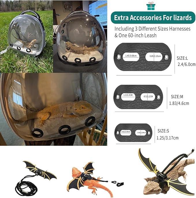 Bearded Dragon Lizard Backpack Carrier with Harness and Leash Set, Small Animal Carrier Backpack, Space Capsule Bubble Window, Small Pet Carrier Backpack, Airline Approved (Black)