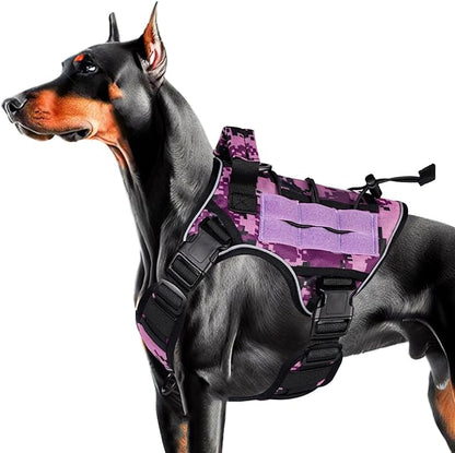 Heavy-Duty Tactical Dog Harness for Large Dogs, No Pull Adjustable Reflective Pet Vest with Molle System, K9 Military-Grade Control for Service Training, Outdoor & 10+ Breeds, Purple Camo, Medium