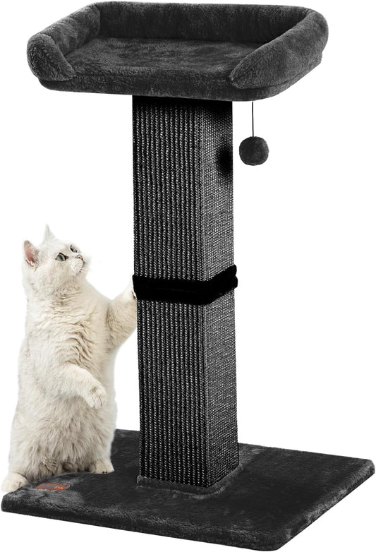 32" Cat Scratching Post for Indoor Cats, Sisal Cat Scratcher with Plush Perch, Large Scratch Post with Bed, Removable Cover, Sisal Fabric,Black