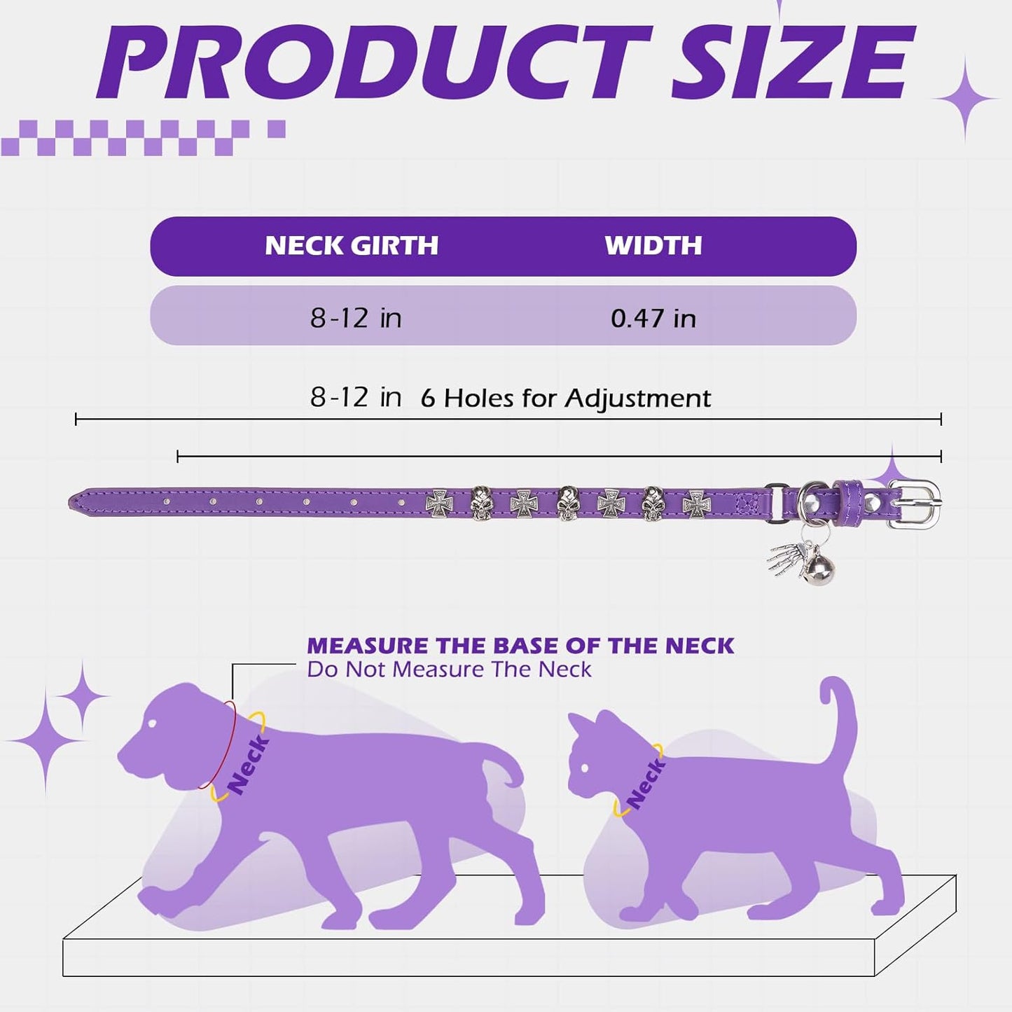 EXPAWLORER Leather Cat Collar for Girl Boy- Adjustable Pet Collar with Safety Elastic Belt,Personalized Punk Accessories Buckle Collars with Bell & Durable D-Ring, Skull(Purple)