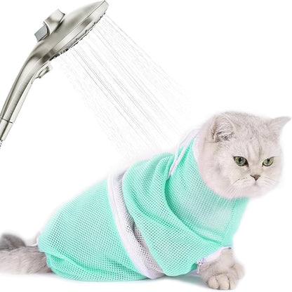 Cat Shower Bag with Removable Hood - Green Mesh Cat Bathing Bag for Stress-Free Bath, Nail Clipping & Grooming, Comfortable Cat Washing Bag