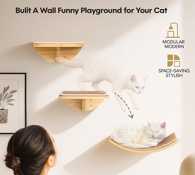 Cat Wall Shelves with Sisal Pads, 4-Piece Wooden Cats Furniture Set with Cat Window Perch, Flat Shelf & Sisal-Clad Steps for Climbing and Scratching