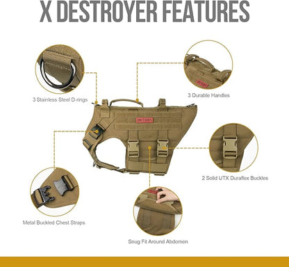 OneTigris Large Tactical Dog Harness, No Pulling Adjustable Dog Vest Harness, Heavy Duty Dog Harness with Handle, Large Hook and Loop Panels for Patch Brown