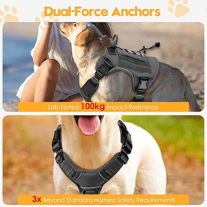 Heavy-Duty Tactical Dog Harness for Large Dogs, No Pull Adjustable Reflective Pet Vest with Molle System, K9 Military-Grade Control for Service Training, Outdoor & 10+ Breeds, Gray, Large