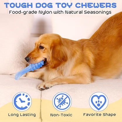 WinTour Dog Chew Toys for Aggressive Chewers 3 Pack, Indestructible Dog Toy to Keep Them Busy, Tough Dog Toys for Aggressive Chewers for Small, Medium and Large Breeds, Bacon Flavor, Blue