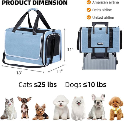 Top Loading Medium Cat Carrier with Privacy Curtain, Delta Approved TSA Pet Travel Crate Suitcase Luggage Sleeve, Soft-Sided Dog Kennel Bag 18x11x11 United Airline Approved Under Seat Blue