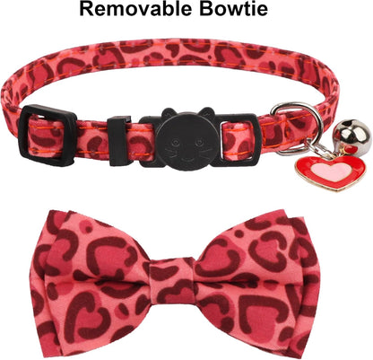 ADOGGYGO Valentine Cat Collar with Removable Bow Tie Bell - 2 Pack Holiday Valentine Heart Collar for Cat Kitten