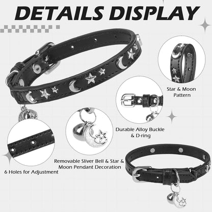 EXPAWLORER Halloween Leather Cat Collar - Adjustable Pet Collar with Rivet Spike for Girl Boy Cats, Punk Accessories with Bell & Durable D-Ring, Star & Moon