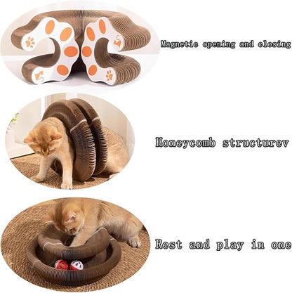 Kitty Curlz Interactive Cat Toy, Brown Accordion Kitty Curls Scratching Board with Paw Design, Bell Ball, Magnetic Collapsible Tunnel for Cats