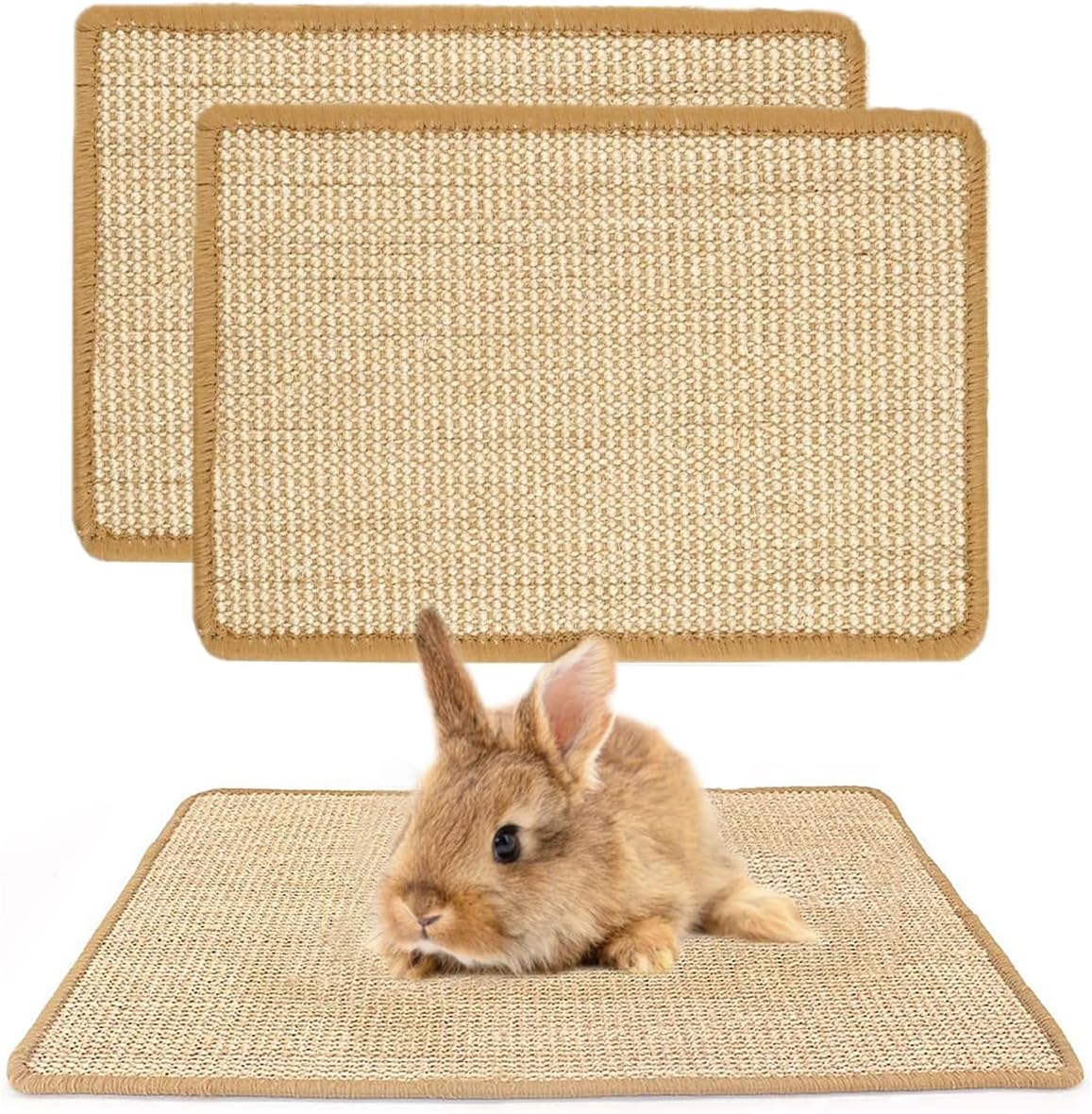 PODOO Bunny Scratch Pads, Sisal Rabbit Scratching Pad, Natural Rabbit Resting Mats for Cages, Forage Grass Mat Indoor Essentials Accessories for Guinea Pig Cat (2Pcs, 15.7x11.8 inches)