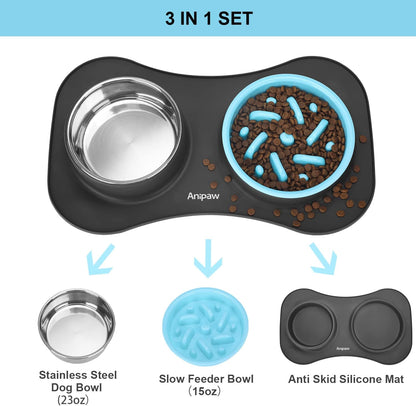 Slow Feeder Dog Bowls 3 in 1 Stainless Steel Food and Water Bowls with Non-Spill and Skid Silicone Mat to Slow Down Eating for Large Medium Small Breed Size Dogs and Cats