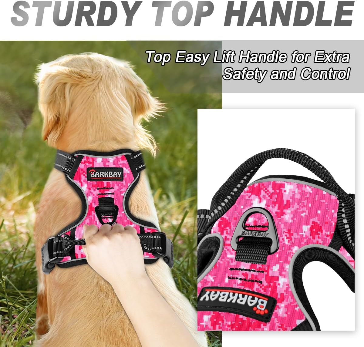 BARKBAY No Pull Dog Harness Front Clip Heavy Duty Reflective Easy Control Handle for Large Dog Walking(Pink camo,L)