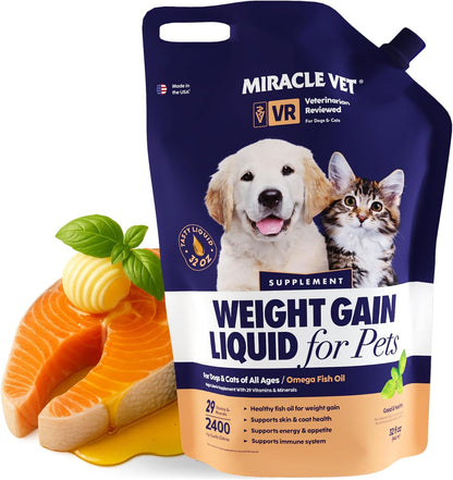 MIRACLE VET High-Calorie Weight Gainer for Dogs & Cats - Multivitamin Nutritional Supplement Gel, Omega Fish Oil, Calcium - Puppy, Senior, Prenatal Cat & Dog Vitamins, Supplements for Weight Gain