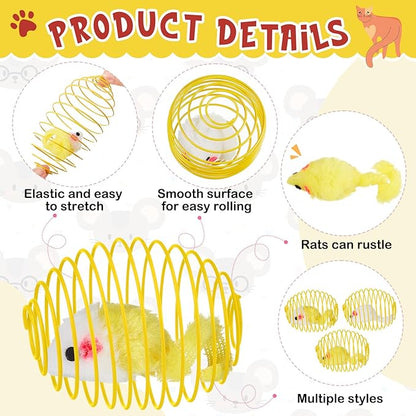 Jecery 5 Pcs Halloween Cat Spring Balls Toys Stretchable Rolling Balls Colorful Playful Coils Interactive Spring Action Toy Caged Rats for Kitten Cat Pet Supplies(Yellow Mouse,Yellow,5 Pcs)