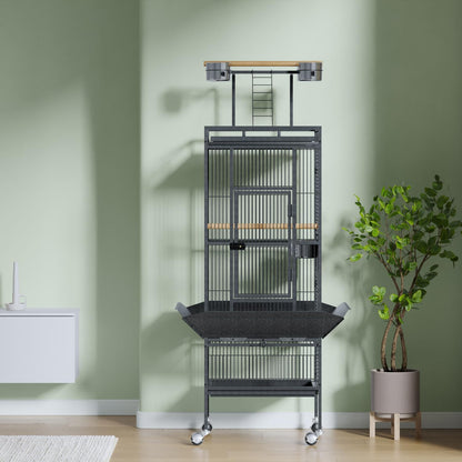 61 Inch Large Bird Cage Rolling Wrought Iron Parrot Cage with Play Top & Bowls for Mid-Sized Parrots Cockatiels Conures Parakeets Lovebirds Budgie Finch Dark Grey