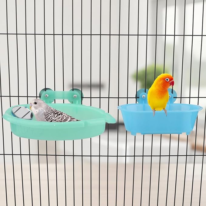 Wontee Bird Bath Box with Mirror Portable Parrot Hanging Bathroom Bathing Tub for Small Birds Cleaning Supplies (Blue(B)+Green)