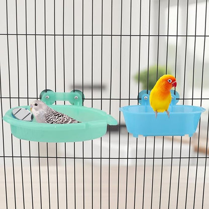 Wontee Bird Bath Box with Mirror Portable Parrot Hanging Bathroom Bathing Tub for Small Birds Cleaning Supplies (Blue(B)+Green)