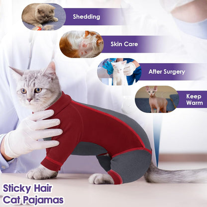 SUNFURA Hair Sticky Cat Clothes, Cat Sweater for Cats Only, 4-Legged Fleece Sweaters Kitten Pajamas Reduce Shedding Fur, Warm Pullover Shirts for Cats, Red S