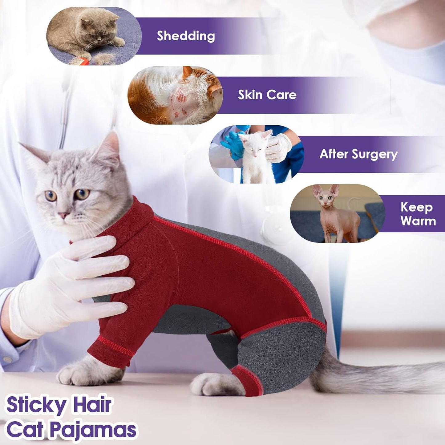 SUNFURA Hair Sticky Cat Clothes, Cat Sweater for Cats Only, 4-Legged Fleece Sweaters Kitten Pajamas Reduce Shedding Fur, Warm Pullover Shirts for Cats, Red XL