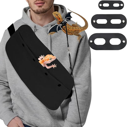 Bearded Dragon Leash and Harness Set, Bearded Dragon Accessories(Include Chest Pack, Lizard Leash), Bearded Dragon Decor Suit for Outdoor Travel-Black