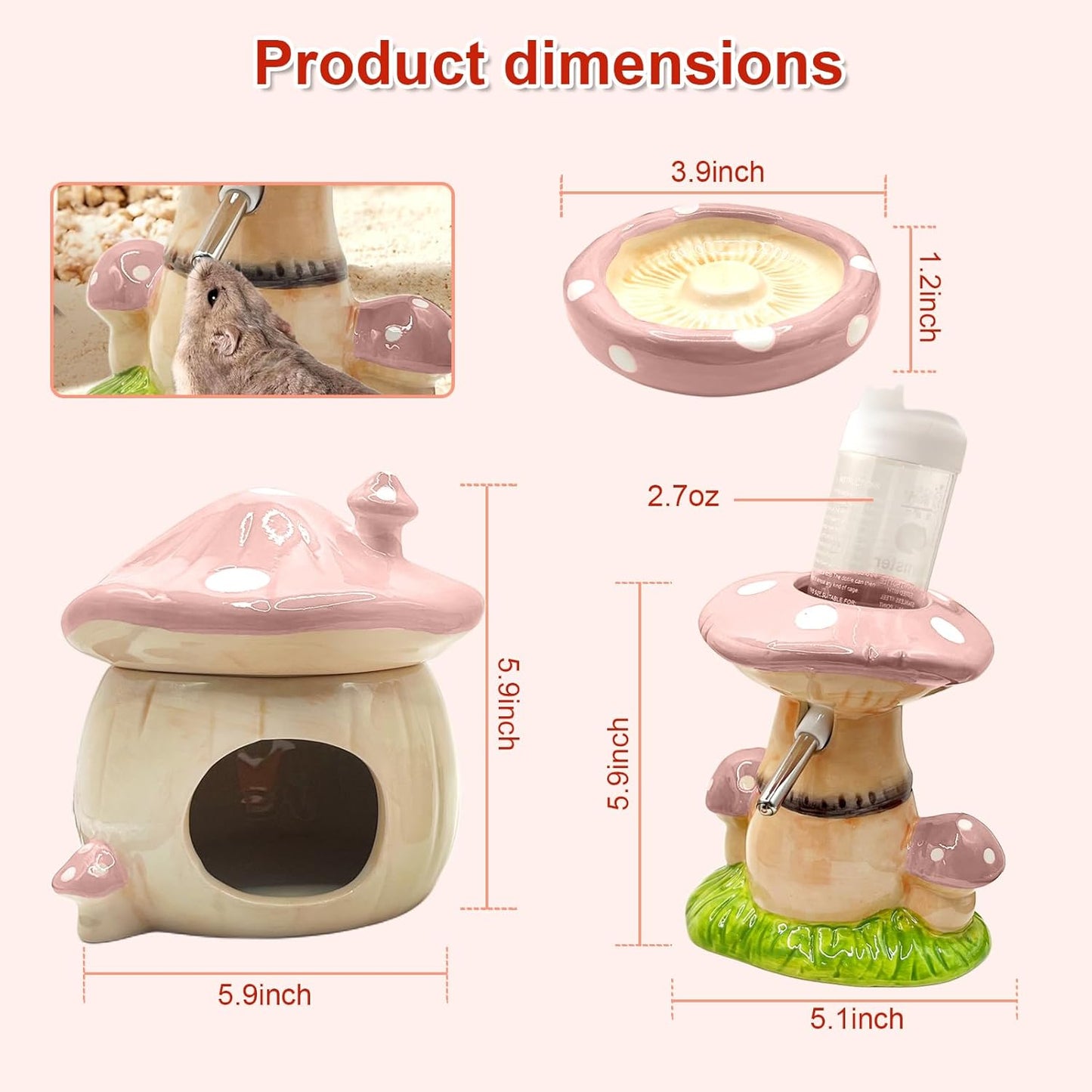 Mushroom Ceramic Hamster Hideout, Water Bottle with Stand, Food Bowl, Hamster Accessories (Pink)