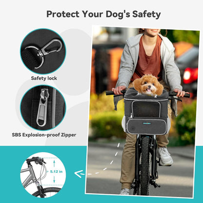 Dog Bike Basket for Small Dogs up to 10lbs, Foldable Pet Carrier with Safety Leash, Mesh Windows, Storage Pockets, Handlebar Quick Release, Backpack & Car Seat Function Grey