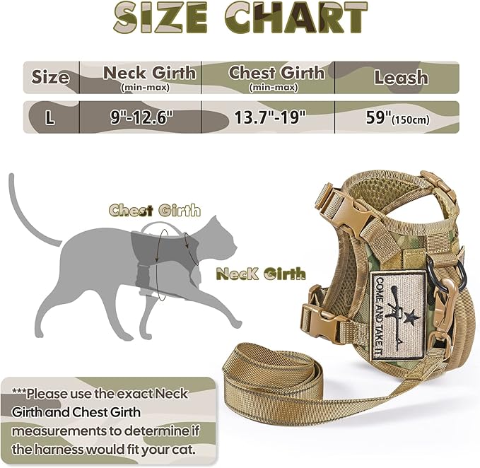 Tactical Cat Harness and Leash, Escape Proof Large Cat Walking Vest,Adjustable Soft Mesh Pet Vest Harness with Control Handle, Molle Patches (Large, Beige)
