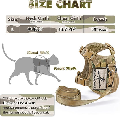 Tactical Cat Harness and Leash, Escape Proof Large Cat Walking Vest,Adjustable Soft Mesh Pet Vest Harness with Control Handle, Molle Patches (Large, Beige)