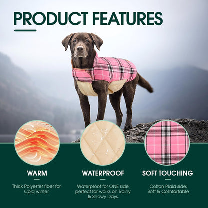 Kuoser Warm Dog Coat, Waterproof Dog Jacket for Extra Large Dogs, Adjustable Durable XXL Doggie Winter Coat Reversible Puppy Cold Weather Apparel from Small to Large Breed, Pink XXL