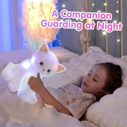 Houwsbaby Light up Cat Stuffed Animal LED Glowing Kitty Plush Toy Floppy Kitten Toy Night Lights Birthday Presents for Kids Toddler Girls, White, 12''