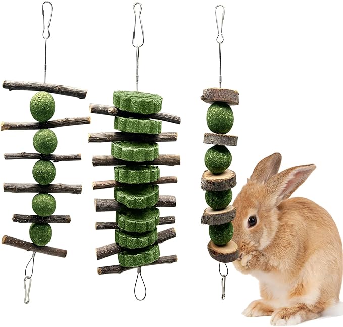 3 Pcs Bunny Teeth Grinding Chew Toys, Apple Branch Chewing Sticks with Grass Ball and Grass Cake for Rabbits Bunnies Hamsters Guinea Pigs