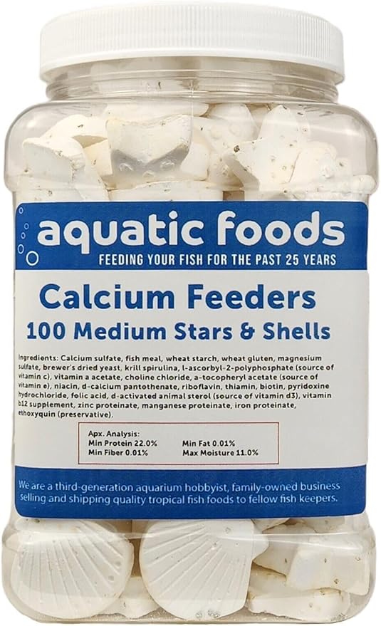 Aquatic Foods Inc. Medium Size Calcium Feeder Stars & Shells for Shrimp, Snails, Crabs, Crayfish, Hermit Crabs and All Tropical Fish…100 Count Jar
