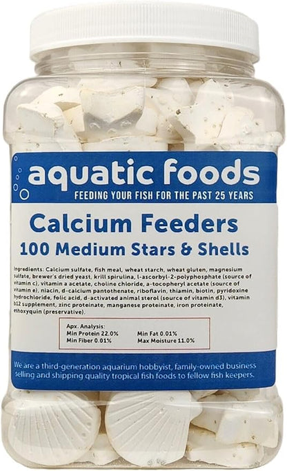 Aquatic Foods Inc. Medium Size Calcium Feeder Stars & Shells for Shrimp, Snails, Crabs, Crayfish, Hermit Crabs and All Tropical Fish…100 Count Jar