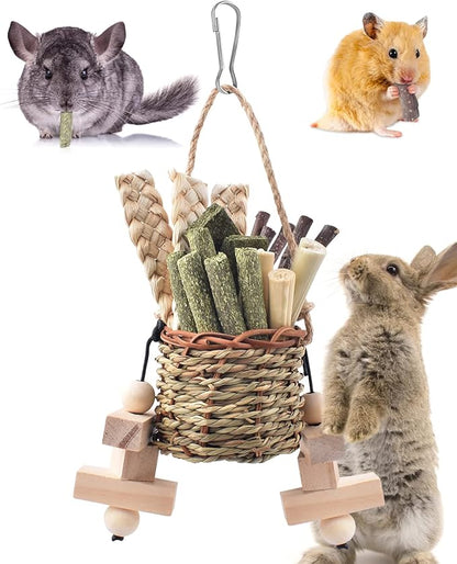 Bissap Rabbit Chew Toys, Natural Seagrass Hanging Basket Chews Water Plant Woven Bunny Chewing Treats for Guinea Pigs Chinchillas Hamsters Rats and Other Small Pets Teeth Grinding Toy