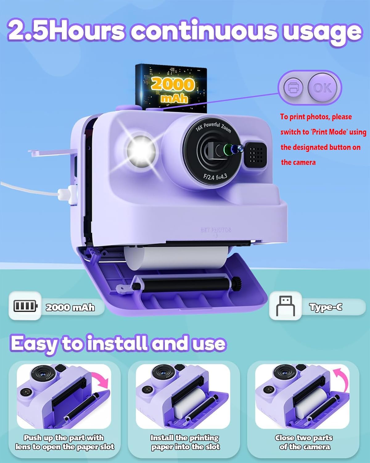Instant Print Camera for Kids,2.4 Inch Screen Kids Instant Cameras, Christmas Birthday Gifts for Girls Age 3-12, Portable Toddler Toy for 3 4 5 6 7 8 9 10 Year Old Girls Boys Purple