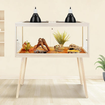 PROLEE Tempered Glass Reptile Enclosure with Leg,32“ Scratch-Proof Bearded Dragon Tank,32 Gallon Lizard Tank with Metal Mesh Tops and Lockable Door,Spacious Reptile Habitat for Snake,Lizard (Oak)