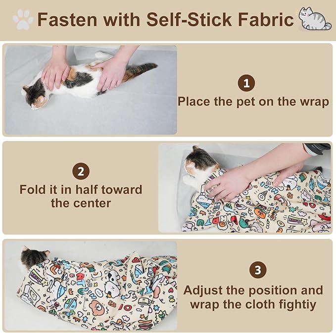 27.6" Large Cat Grooming Wrap – Anti-Escape Cat Wrap for Cutting Nails, Brushing & Medication – Soft, Comfortable, Reusable, Self-Adhering, Holds Cats Up to 15lbs (Elephant Cat)