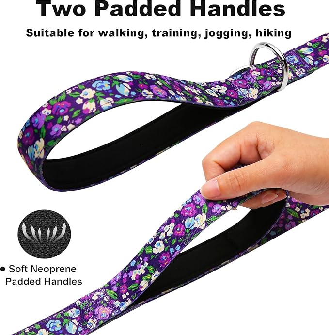 4ft Dog Leash with Two Padded Handles, Cute Girl Dog Leash with Soft Dual Handle, Walking Training Lead for Small Medium Large Dogs, Purple Floral