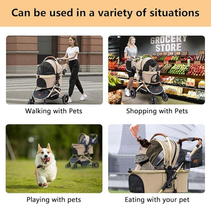 Pettingzoo Dog stroller with 4 Wheels, Folding Cat Stroller for Small/Medium/Large dogs & cats to 60 lbs, pet stroller with removable carrier, Storage BasketCup Holder,3 in1 Multifunctional Detachable