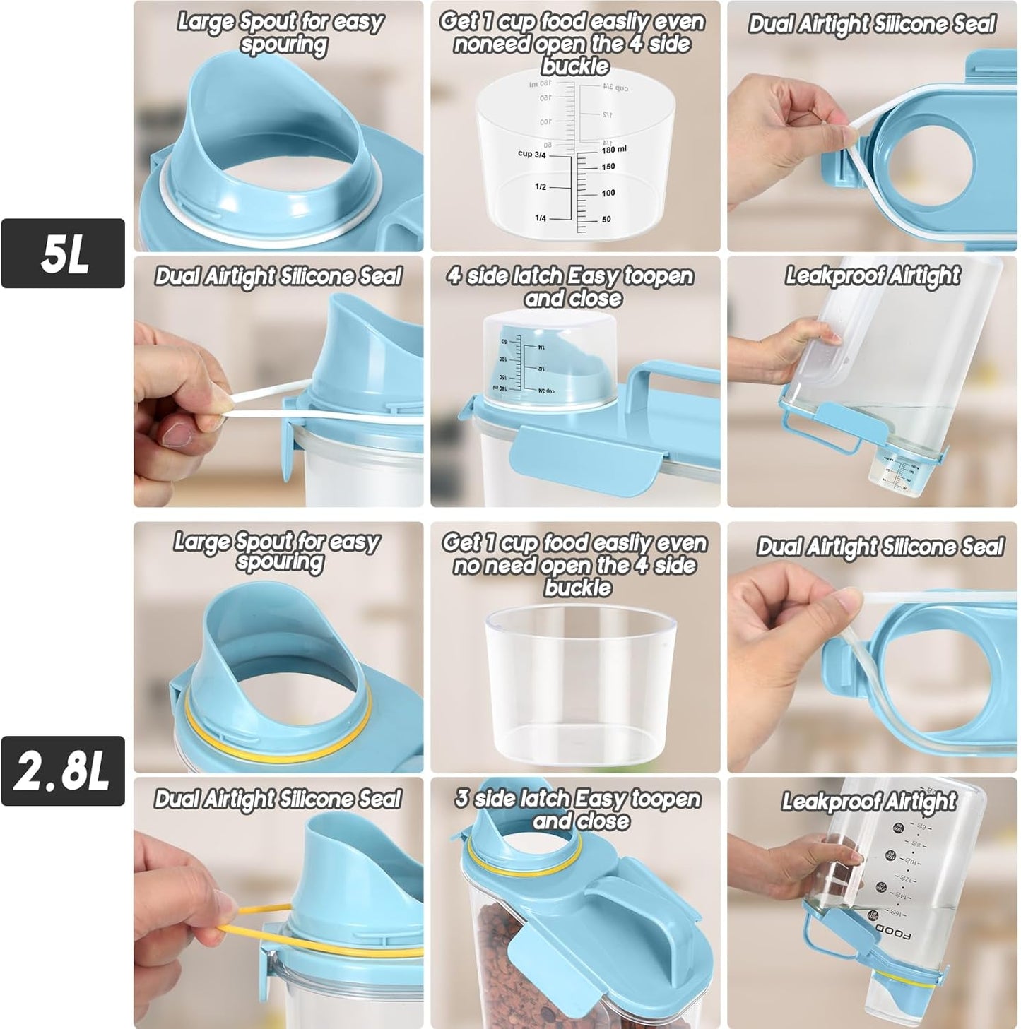 Dog Food Storage Container, Upgraded Large Nozzle BPA-free, (3LBS +5LBS) Plastic Pet Food Storage Containers, With 4 Sealed Clasps, 1 Measuring Cup and Handle (Bright blue)