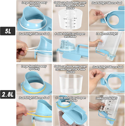 Dog Food Storage Container, Upgraded Large Nozzle BPA-free, (3LBS +5LBS) Plastic Pet Food Storage Containers, With 4 Sealed Clasps, 1 Measuring Cup and Handle (Bright blue)