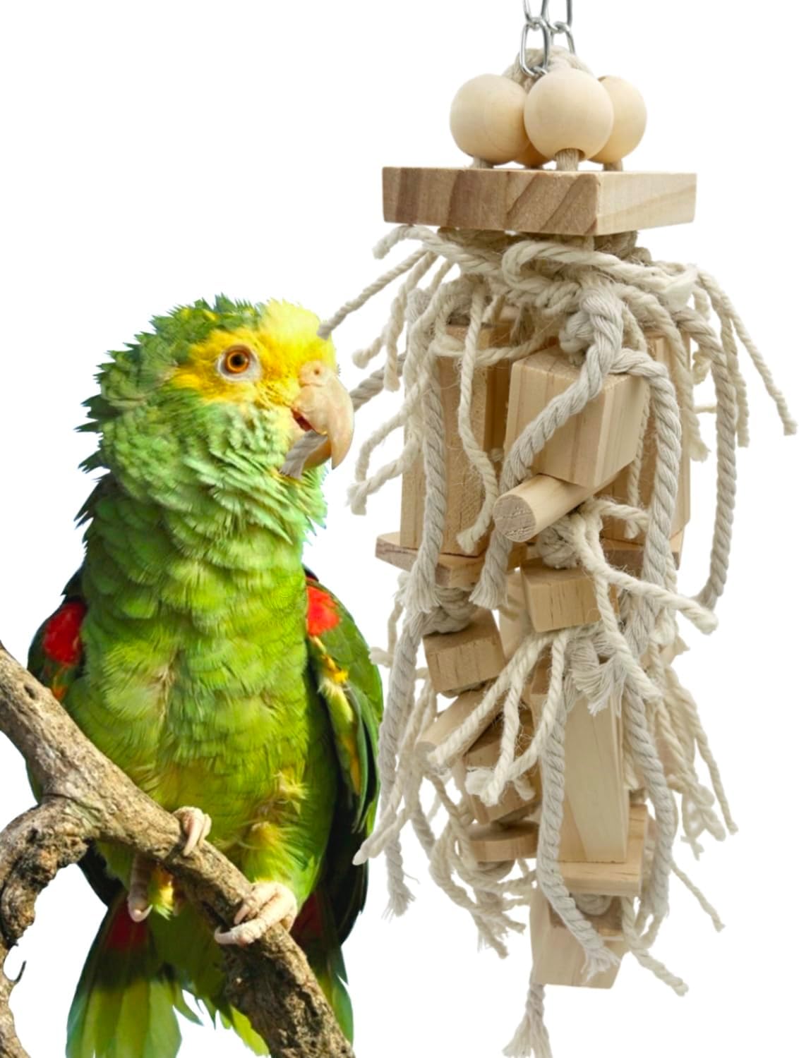 Bird Block Knots Tearing Toy- 17 inch Dye-Free Natural Wooden Parrot Chewing Toy for Medium and Large Parrots, Conures, Cockatiels, African Greys, Cockatoos, Quakers and AmazonParrots