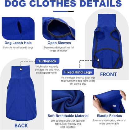 ROZKITCH Dog Fleece Pajamas with Leash Hole, Pet Windproof Warm Cold Weather Jacket Vest Cozy Jumpsuit Apparel Outfit Clothes for Walking Hiking Travel Sleep Blue L